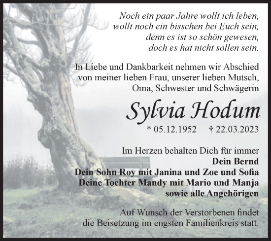 Traueranzeige von Sylvia Hodum von Volksstimme Altmark Ost