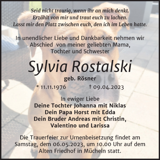 Traueranzeige von Sylvia Rostalski von Trauerkombi Merseburg
