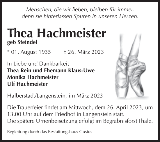 Traueranzeige von Thea Hachmeister von Volksstimme Halberstadt