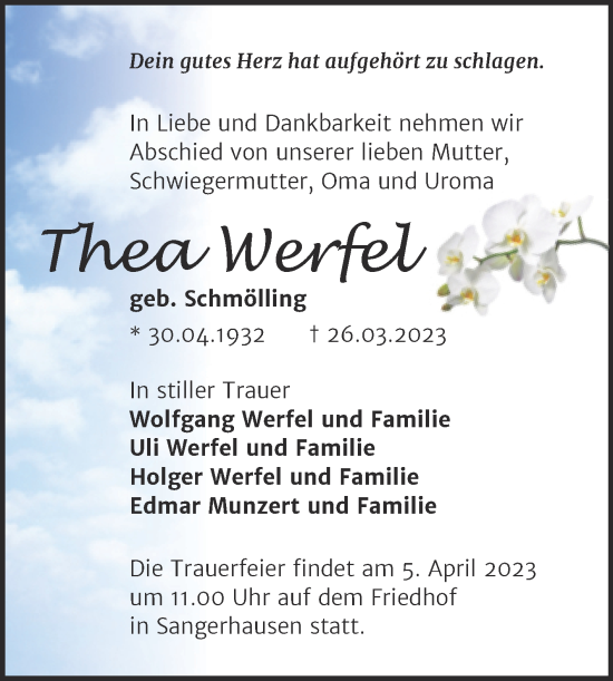 Traueranzeige von Thea Werfel von Trauerkombi Sangerhausen
