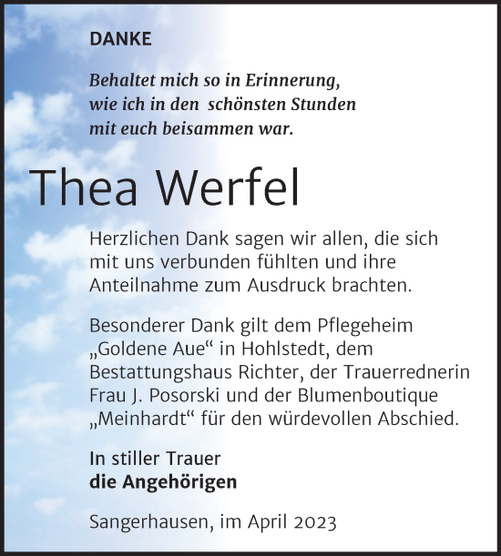 Traueranzeige von Thea Werfel von Trauerkombi Sangerhausen