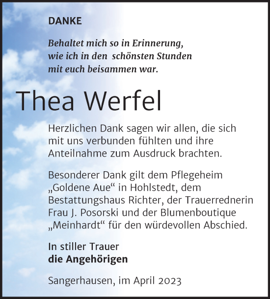 Traueranzeige von Thea Werfel von Trauerkombi Sangerhausen
