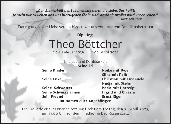 Traueranzeige von Theo Böttcher von Naumburger Tageblatt