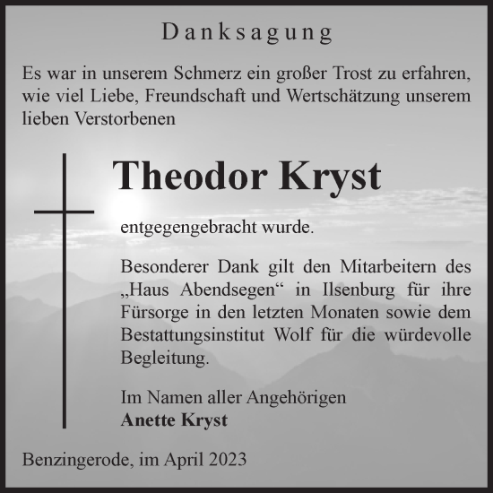 Traueranzeige von Theodor Kryst von Volksstimme Wernigerode