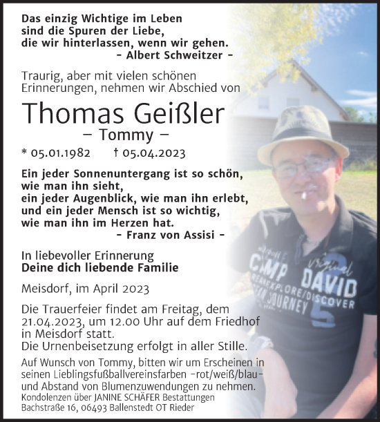 Traueranzeige von Thomas Geißler von Trauerkombi Quedlinburg