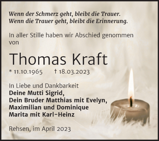 Traueranzeige von Thomas Kraft von Trauerkombi Wittenberg