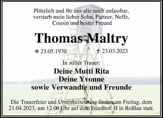 Traueranzeige von Thomas Maltry von Trauerkombi Dessau