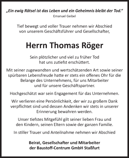 Traueranzeige von Thomas Röger von Volksstimme Staßfurt