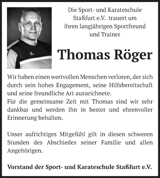 Traueranzeige von Thomas Röger von Volksstimme Staßfurt