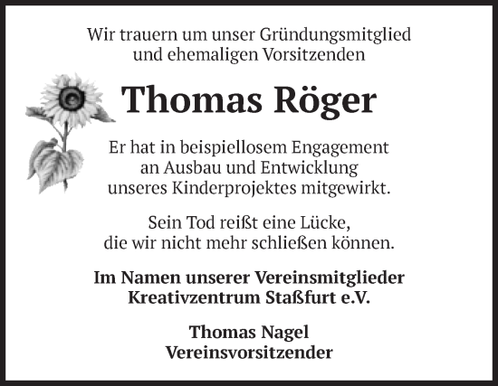 Traueranzeige von Thomas Röger von Volksstimme Staßfurt