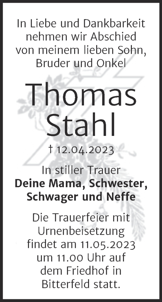 Traueranzeige von Thomas Stahl von Trauerkombi Bitterfeld