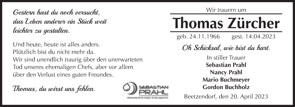  Traueranzeige für Thomas Zürcher vom 28.04.2023 aus Volksstimme Altmark West