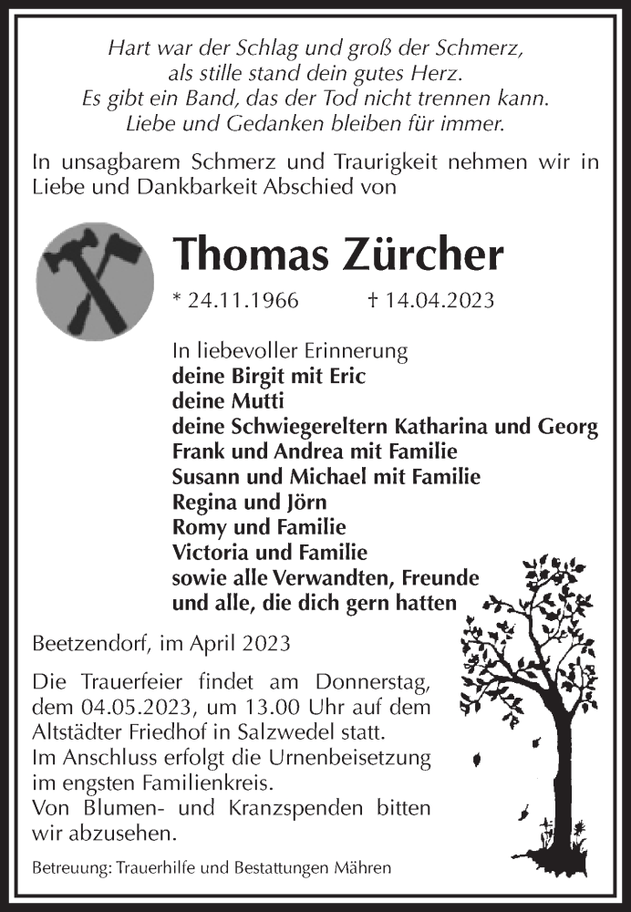  Traueranzeige für Thomas Zürcher vom 22.04.2023 aus Volksstimme Altmark West