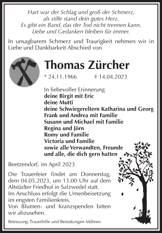 Traueranzeige von Thomas Zürcher von Volksstimme Altmark West