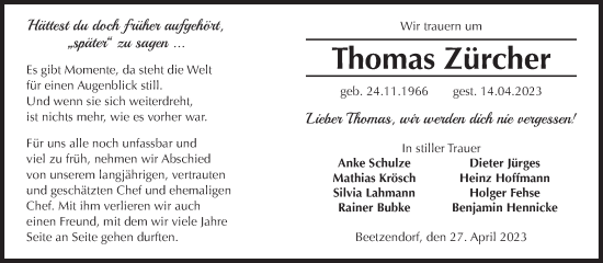 Traueranzeige von Thomas Zürcher von Volksstimme Altmark West