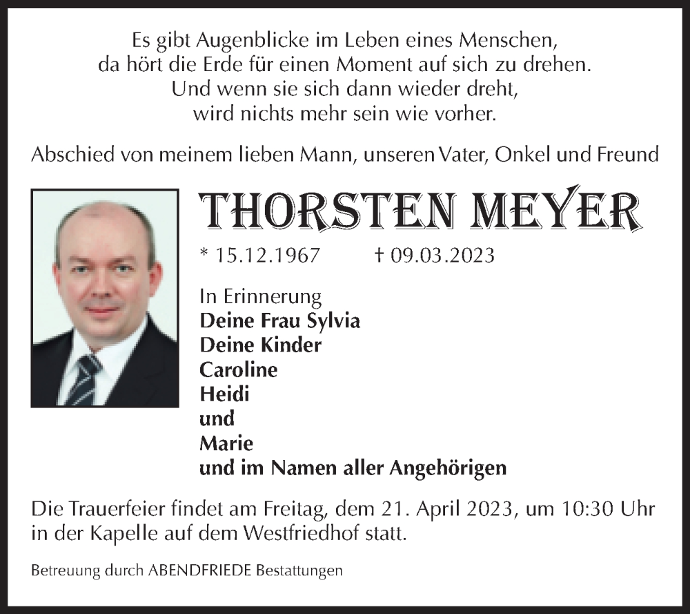  Traueranzeige für Thorsten Meyer vom 15.04.2023 aus Volksstimme Magdeburg