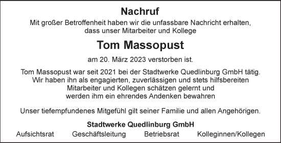 Traueranzeige von Tom Massopust von Mitteldeutsche Zeitung Quedlingburg