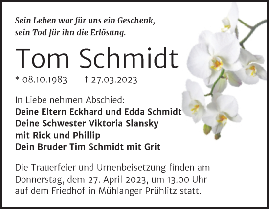Traueranzeige von Tom Schmidt von Trauerkombi Wittenberg