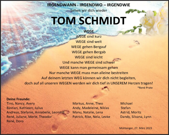Traueranzeige von Tom Schmidt von Trauerkombi Wittenberg