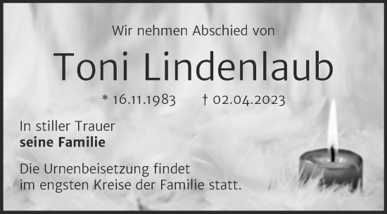 Traueranzeige von Toni Lindenlaub von Trauerkombi Bernburg