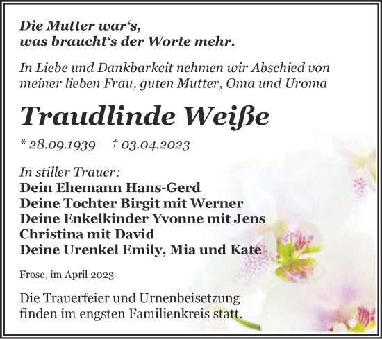 Traueranzeige von Traudlinde Weiße von Trauerkombi Aschersleben