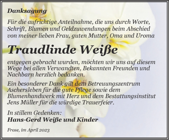 Traueranzeige von Traudlinde Weiße von Trauerkombi Aschersleben