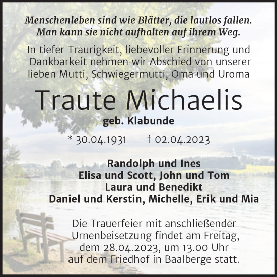 Traueranzeige von Traute Michaelis von Trauerkombi Bernburg