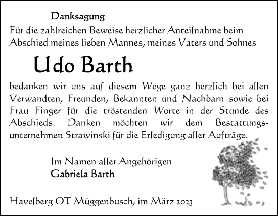 Traueranzeige von Udo Barth von Volksstimme Altmark Ost