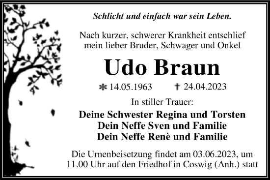 Traueranzeige von Udo Braun von Trauerkombi Wittenberg