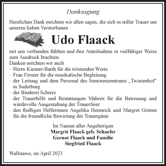 Traueranzeige von Udo Flaack von Volksstimme Altmark West