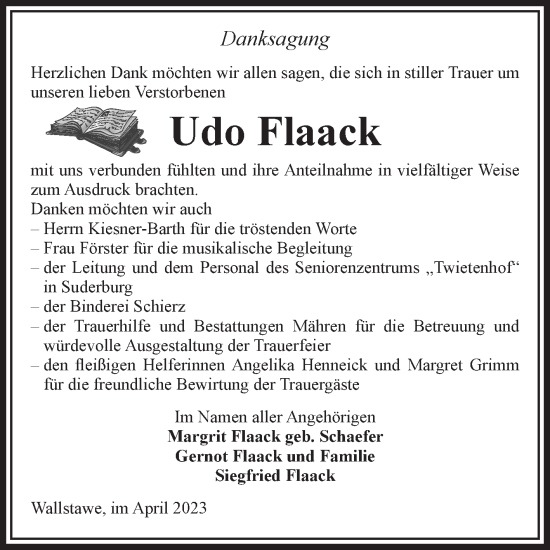 Traueranzeige von Udo Flaack von Volksstimme Altmark Ost