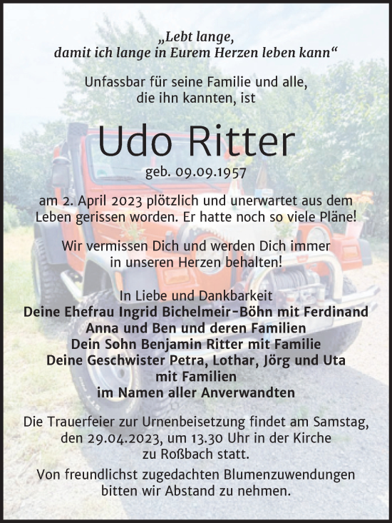 Traueranzeige von Udo Ritter von Wochenspiegel Naumburg/Nebra