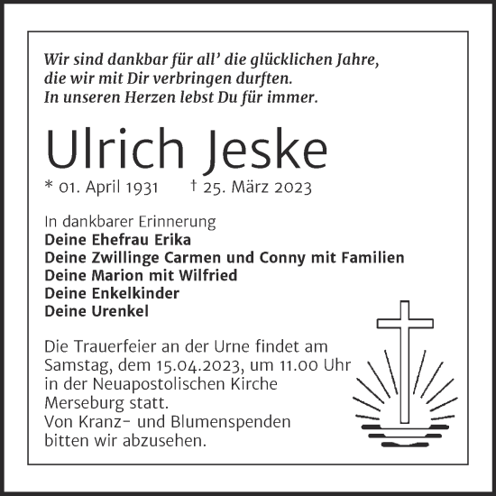 Traueranzeige von Ulrich Jeske von Trauerkombi Merseburg