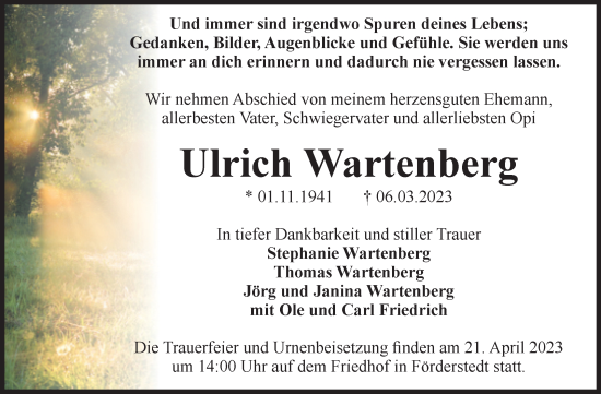 Traueranzeige von Ulrich Wartenberg von Volksstimme Staßfurt