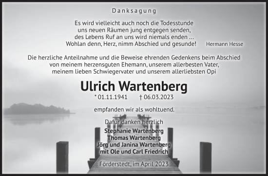 Traueranzeige von Ulrich Wartenberg von Volksstimme Staßfurt