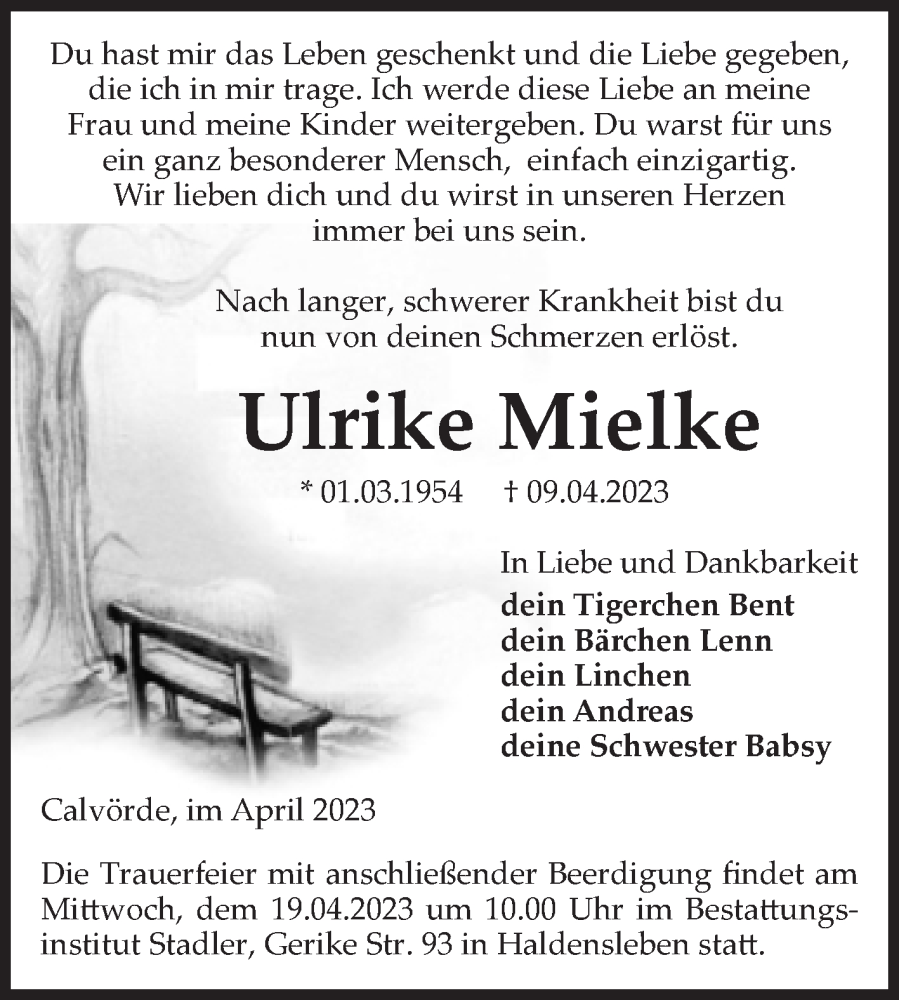 Traueranzeige für Ulrike Mielke vom 14.04.2023 aus Volksstimme Haldensleben/Wolmirstedt
