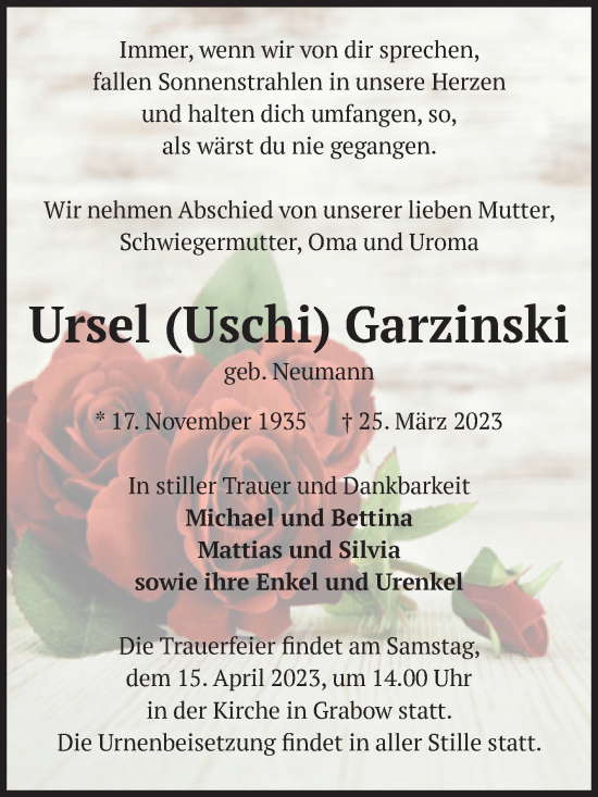 Traueranzeige von Ursel Garzinski von Volksstimme Burg/Genthin