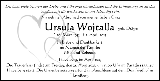 Traueranzeige von Ursua Wojtalla von Volksstimme Altmark Ost
