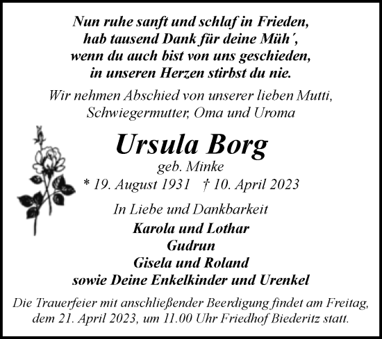 Traueranzeige von Ursula Borg von Volksstimme Burg/Genthin