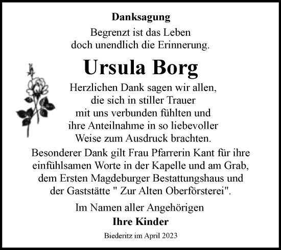 Traueranzeige von Ursula Borg von Volksstimme Burg/Genthin