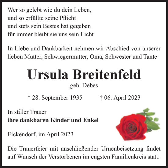 Traueranzeige von Ursula Breitenfeld von Volksstimme Haldensleben/Wolmirstedt