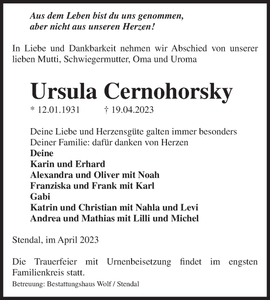 Traueranzeige von Ursula Cernohorsky von Volksstimme Altmark Ost