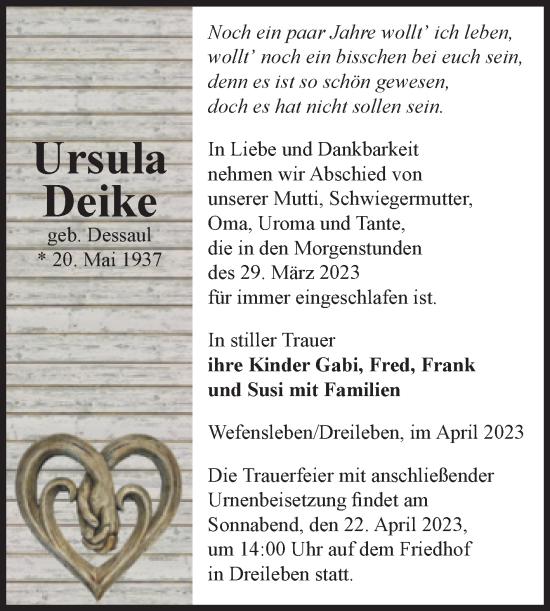 Traueranzeige von Ursula Deike von Volksstimme Oschersleben/Wanzleben