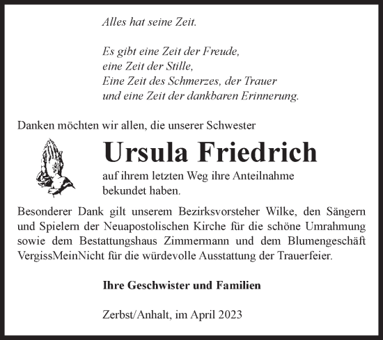 Traueranzeige von Ursula Friedrich von Volksstimme Zerbst