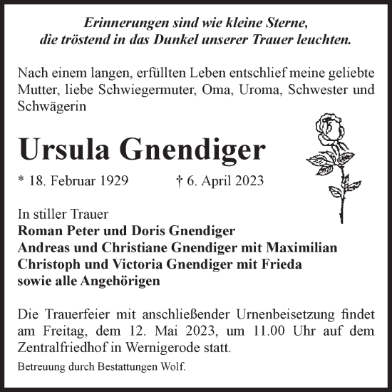 Traueranzeige von Ursula Gnendiger von Volksstimme Wernigerode
