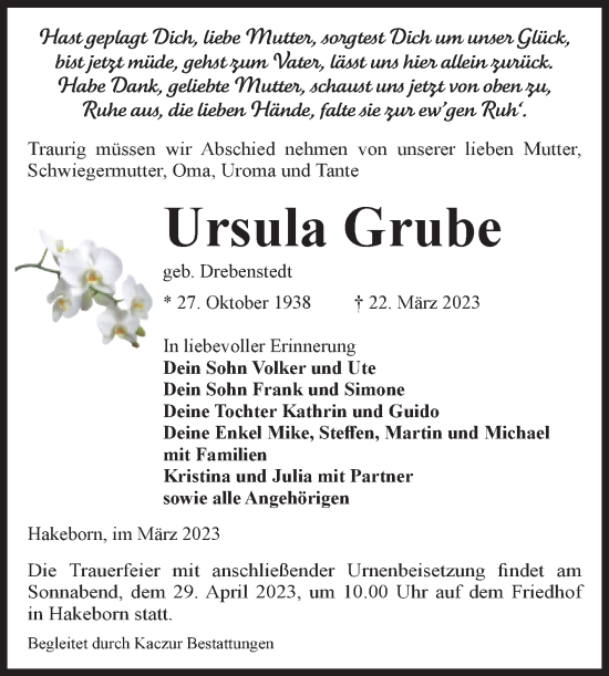 Traueranzeige von Ursula Grube von Volksstimme Staßfurt