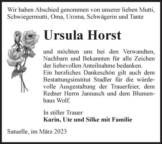 Traueranzeige von Ursula Horst von Volksstimme Haldensleben/Wolmirstedt