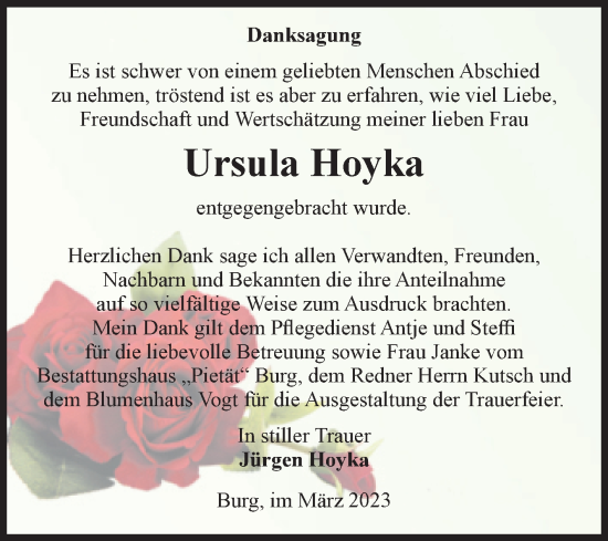 Traueranzeige von Ursula Hoyka von Mitteldeutsche Zeitung