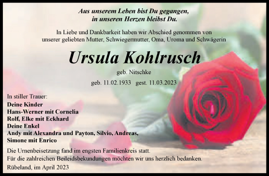 Traueranzeige von Ursula Kohlrusch von Volksstimme Wernigerode
