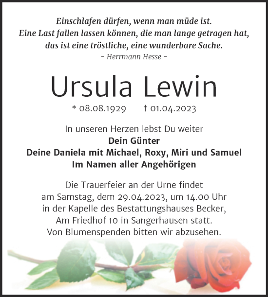 Traueranzeige von Ursula Lewin von Trauerkombi Sangerhausen